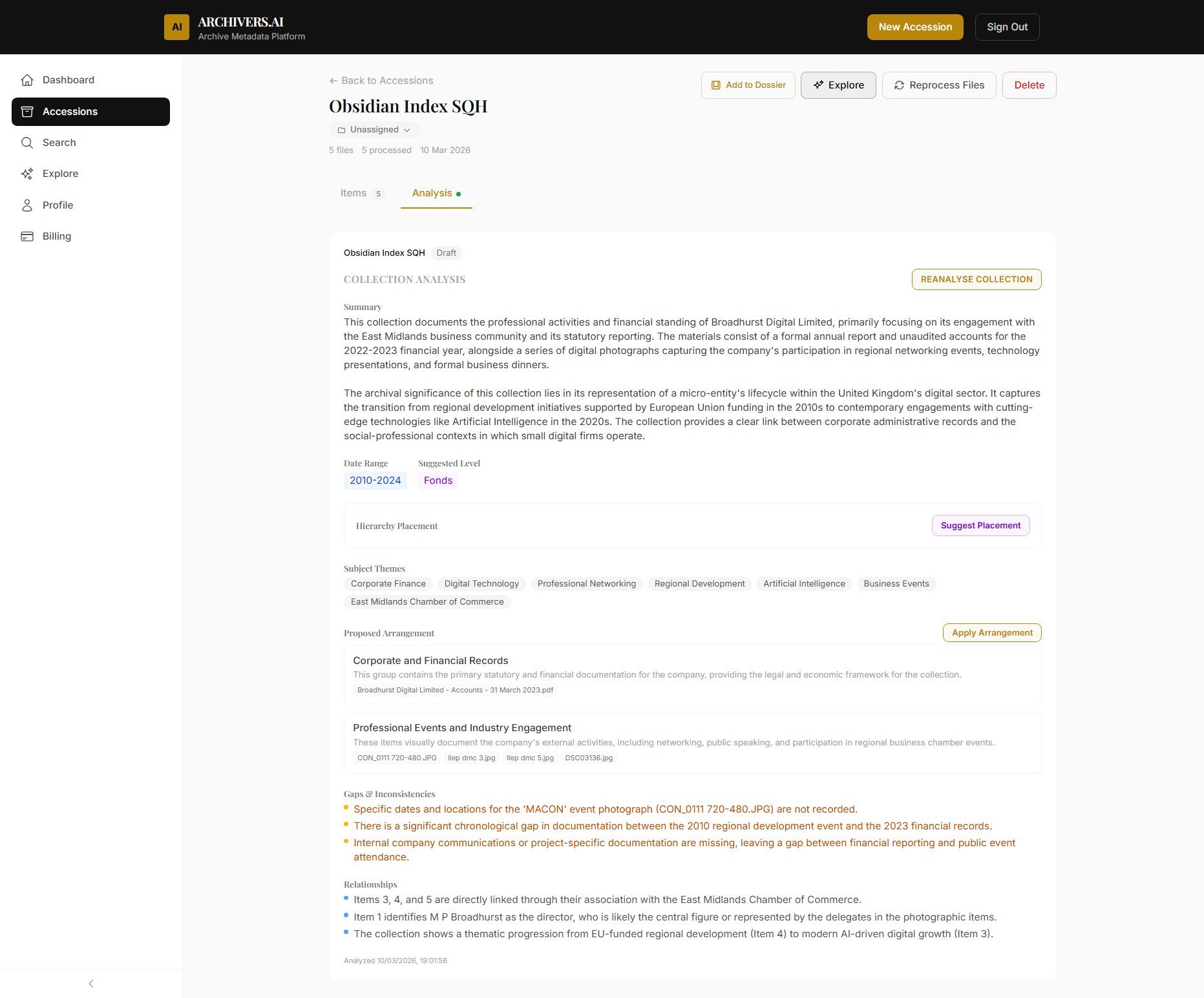 The Archiver's analysis view showing themes, arrangement suggestions and completeness metrics for a catalogued accession