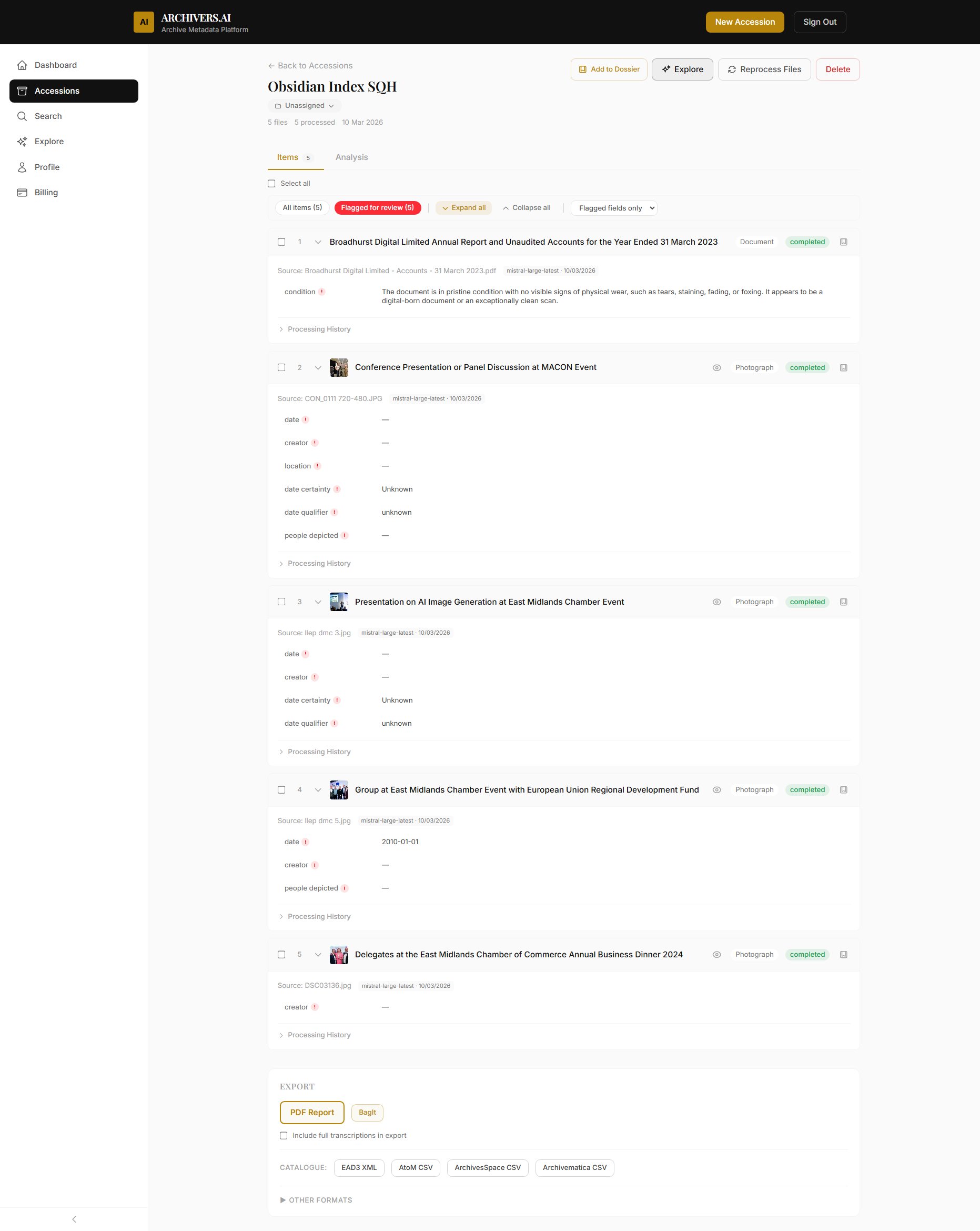 Items flagged for review with expanded detail showing flagged fields