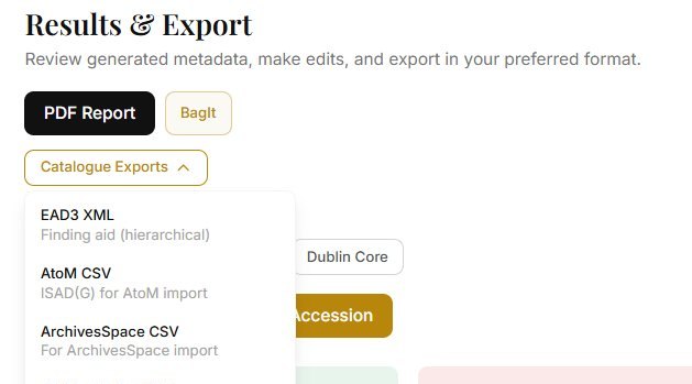 The export dialog in Archivers.ai with the output format picker open, offering standards-based archival formats for a selected set of catalogue records