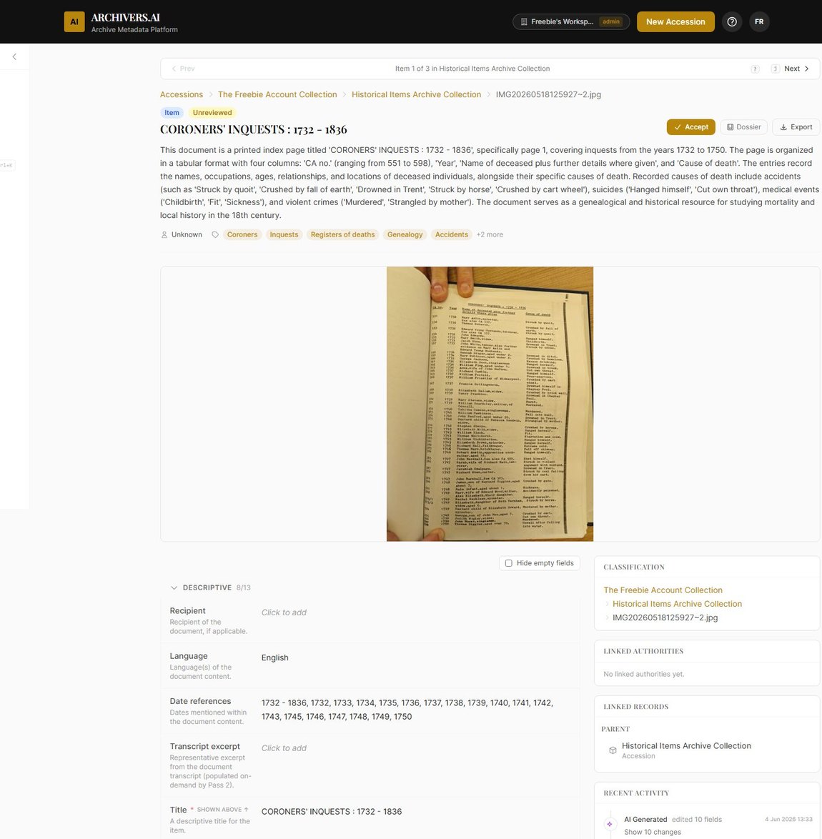 A catalogue record in Archivers.ai for a printed index page of Coroners&rsquo; Inquests 1732&ndash;1836, showing the AI-drafted description, subject tags, the source page image, the descriptive field set, linked records and an activity log noting which fields the AI generated