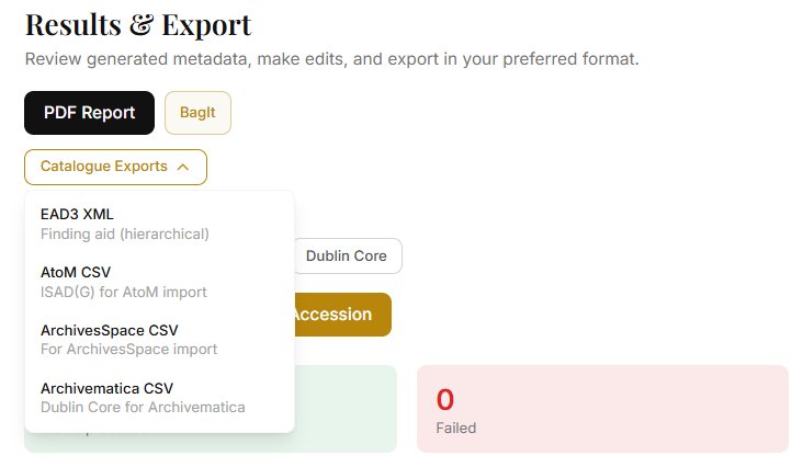 Export formats available in Archivers.ai including EAD3, AtoM, ArchivesSpace, and Archivematica