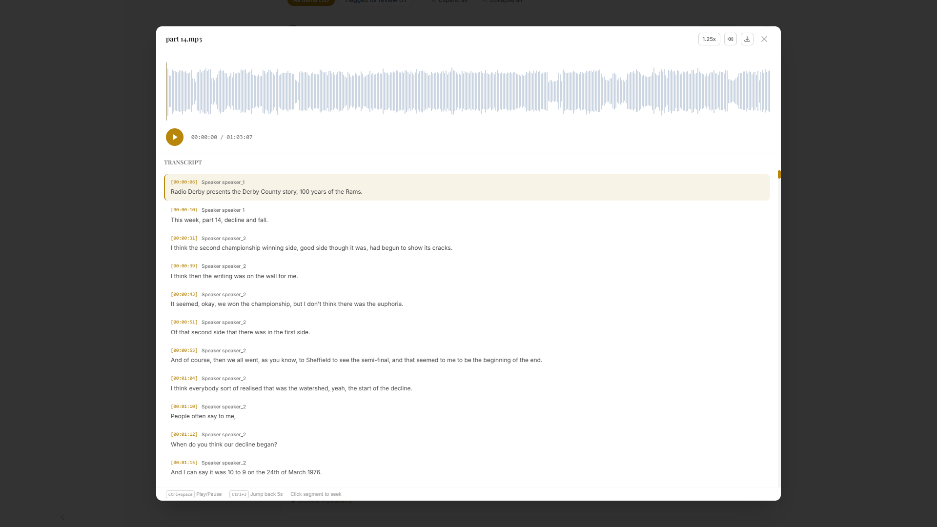 Archivers.ai export formats dropdown showing EAD3 XML, AtoM CSV, ArchivesSpace CSV, Archivematica CSV, BagIt, and Dublin Core options