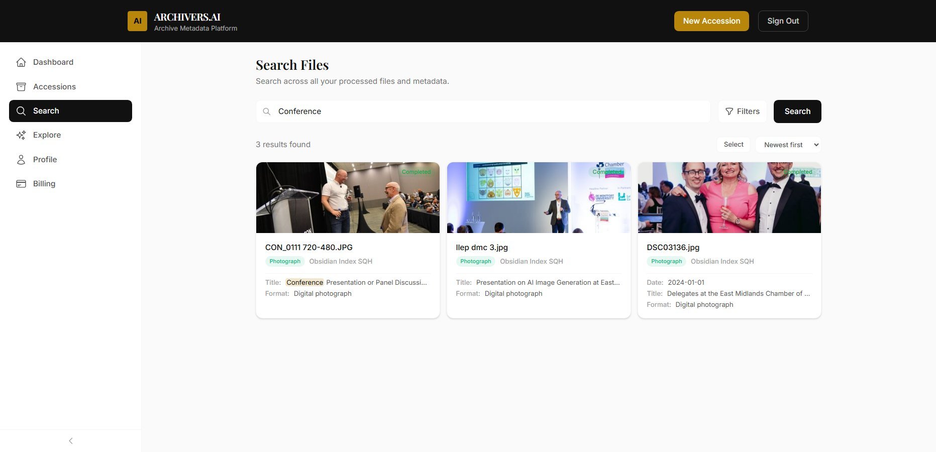 Search results for 'Conference' showing archival photographs with AI-generated metadata