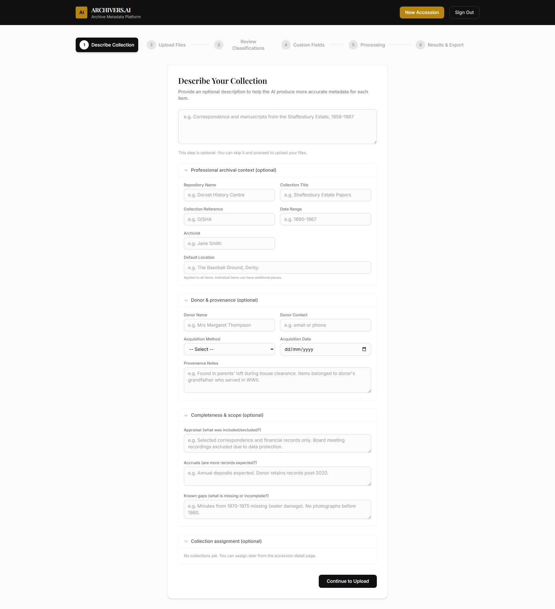The Archiver's collection description form showing title, date range and archival context fields