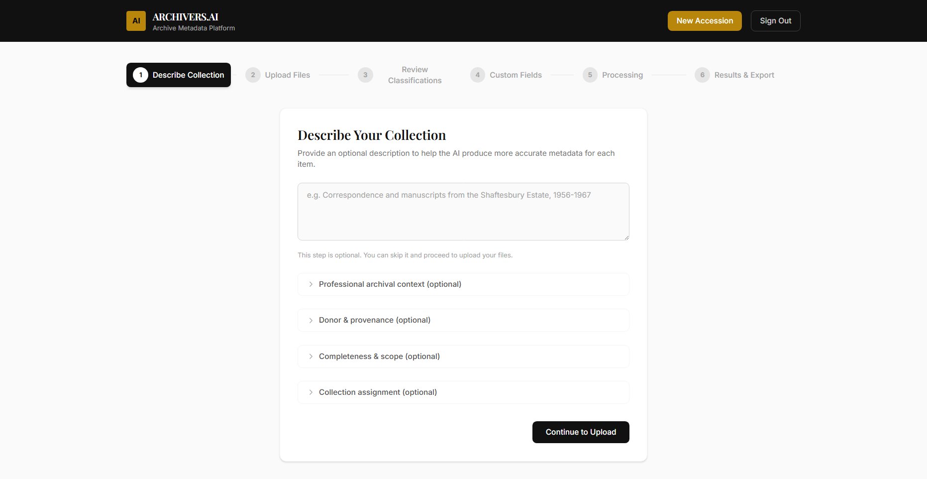 Archivers.ai accession wizard for describing your collection