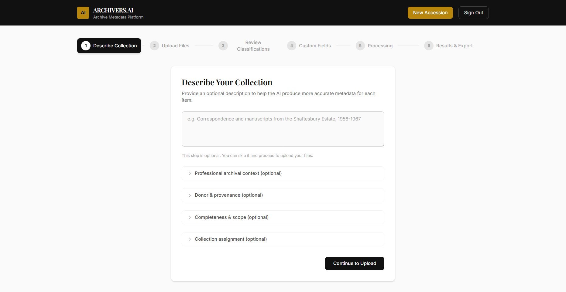 Describe your collection — entering title, date range and description for a new accession