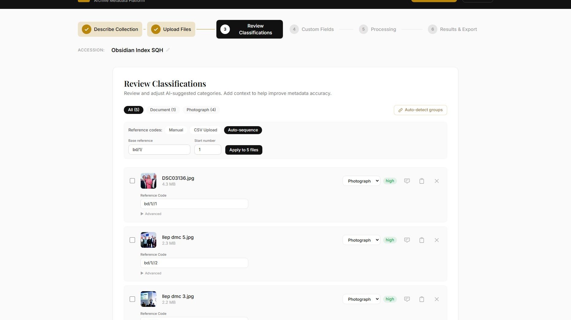 The Archiver's review interface showing AI-generated classifications ready for volunteer review and approval