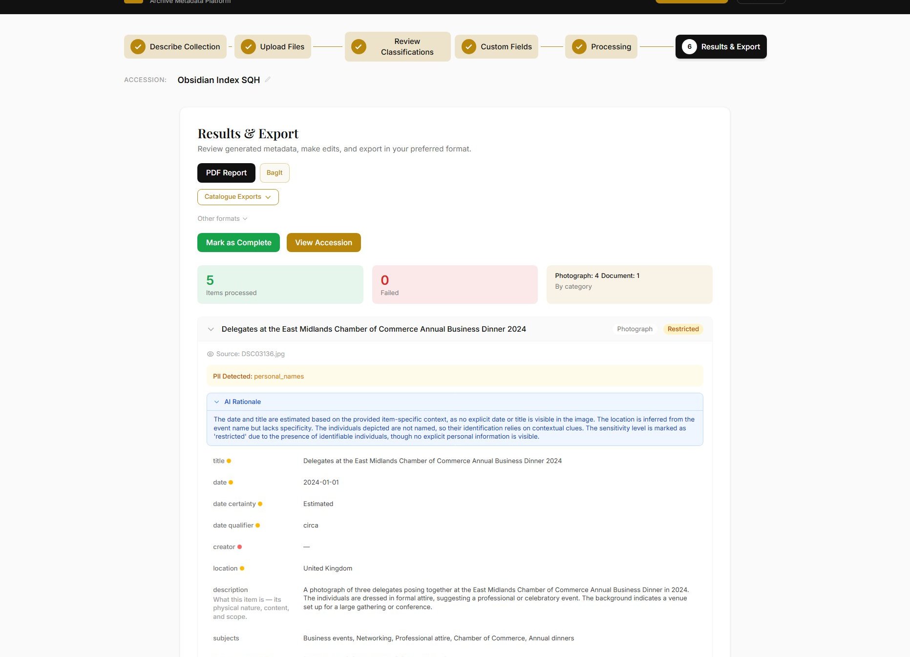 Processing complete — results view with export options for JSON, CSV, PDF, Dublin Core and BagIt