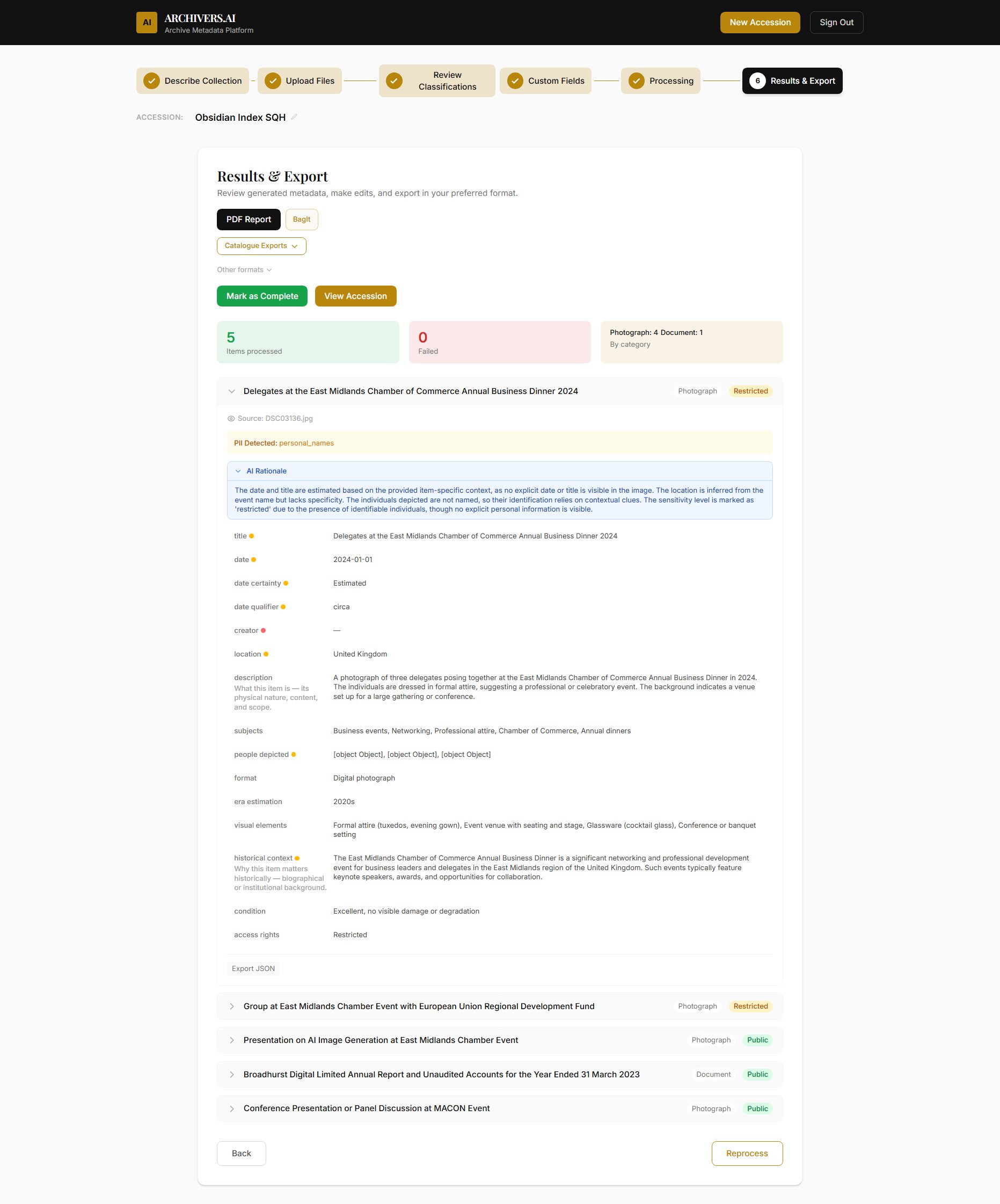 Archivers.ai metadata detail showing AI-generated fields with confidence indicators