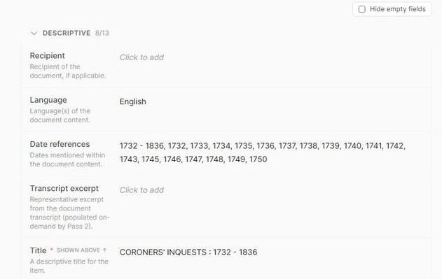 The descriptive field set of an Archivers.ai record: separate named fields for recipient, language, date references, transcript excerpt and title, each with its own guidance note and its own value