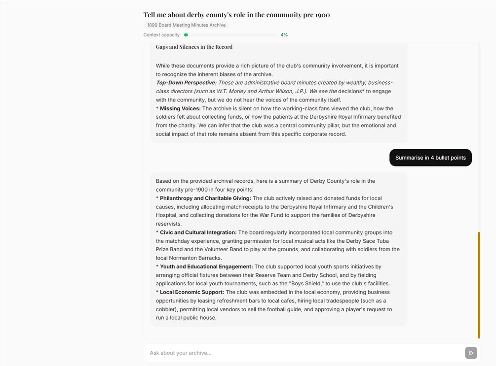 The Explore research chat in Archivers.ai answering a question about a football club&rsquo;s community role before 1900, drawing on an 1899 board-minutes accession and naming the gaps and silences in the record