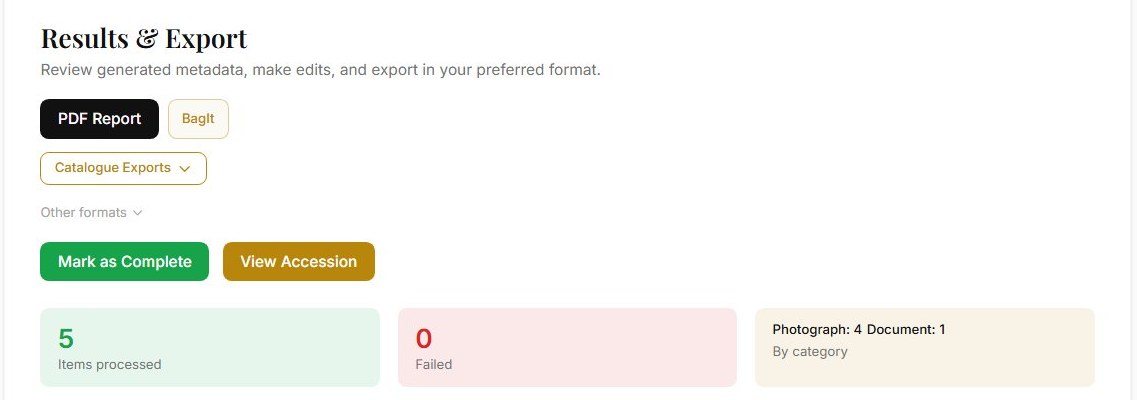 The Results and Export screen in Archivers.ai offering a PDF report, a BagIt package and a catalogue exports menu, above a summary showing five items processed and none failed