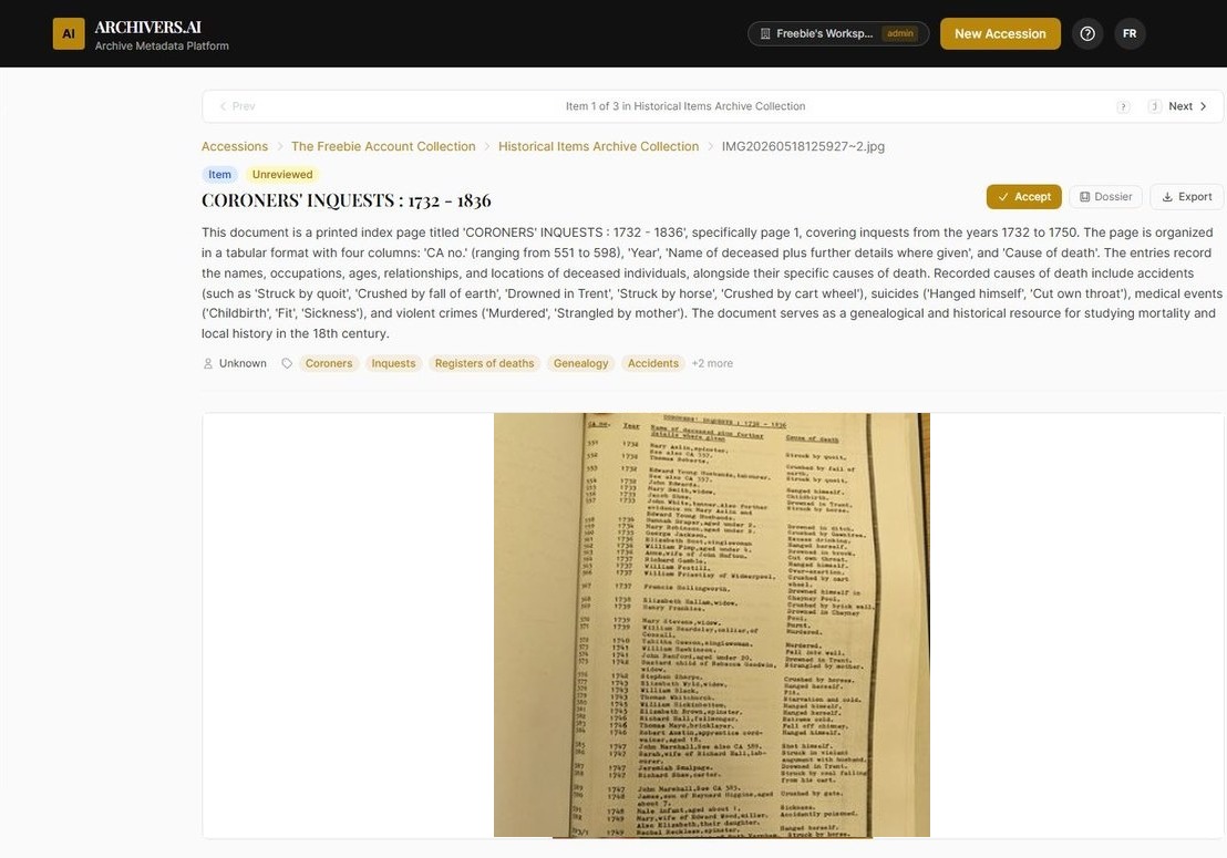 A drafted Archivers.ai record for a printed index page of Coroners&rsquo; Inquests 1732&ndash;1836, marked Unreviewed, with the drafted title, description and subject tags beside an Accept button and the scanned source page below