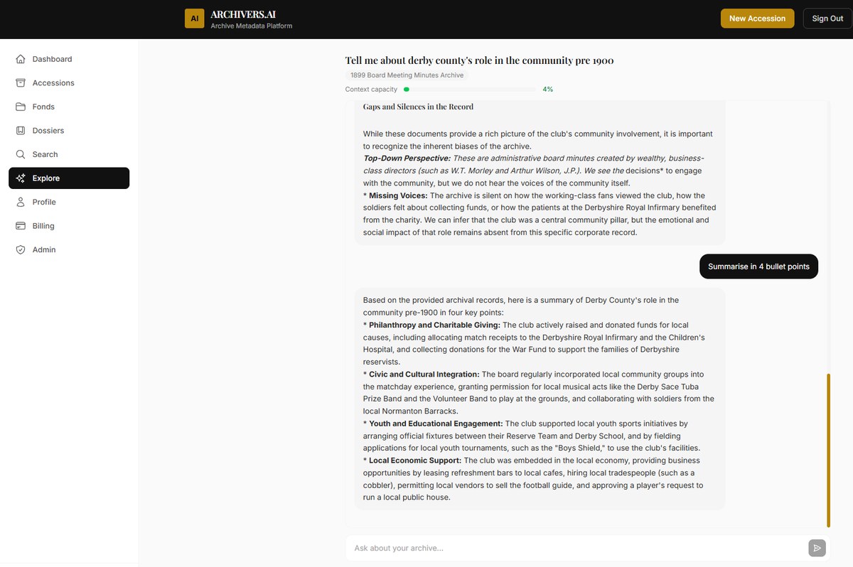 The Archivers.ai Explore workspace answering a research question about a collection, with a grounded summary drawn from the organisation&rsquo;s own reviewed records