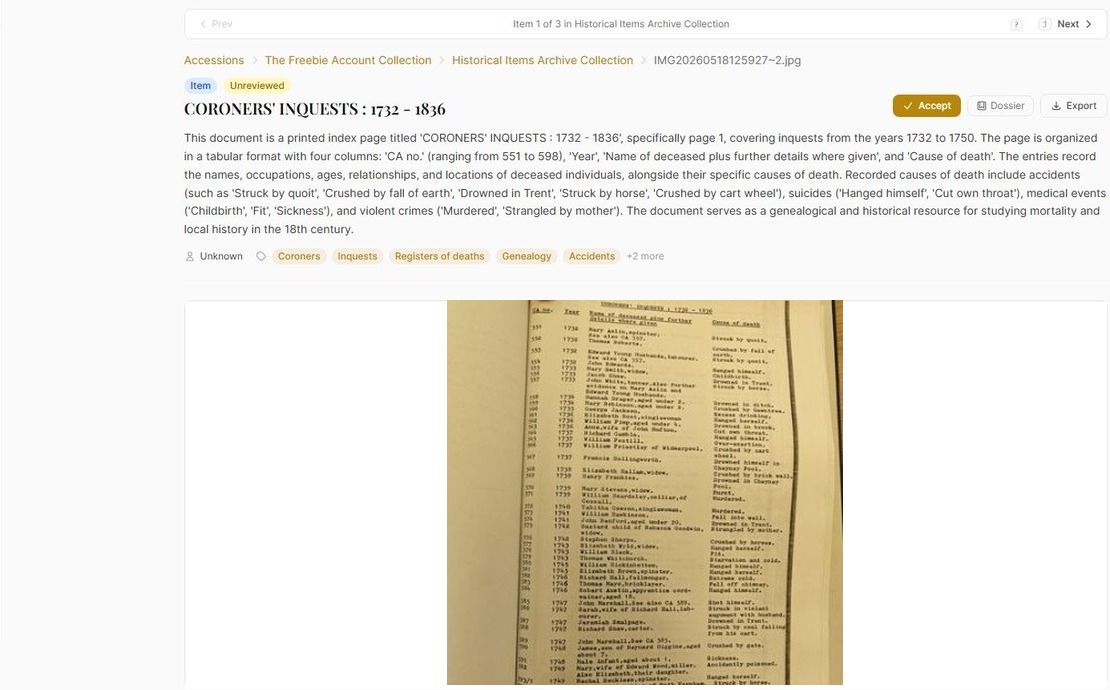 An Archivers.ai record for a scanned printed index page, showing the drafted description and subject tags beside the source page image, with the record still marked Unreviewed and an Accept button