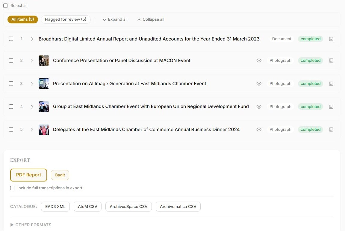 A completed Archivers.ai accession listing reviewed items above an export panel offering a PDF report, BagIt, and catalogue exports for EAD3 XML, AtoM CSV, ArchivesSpace CSV and Archivematica CSV