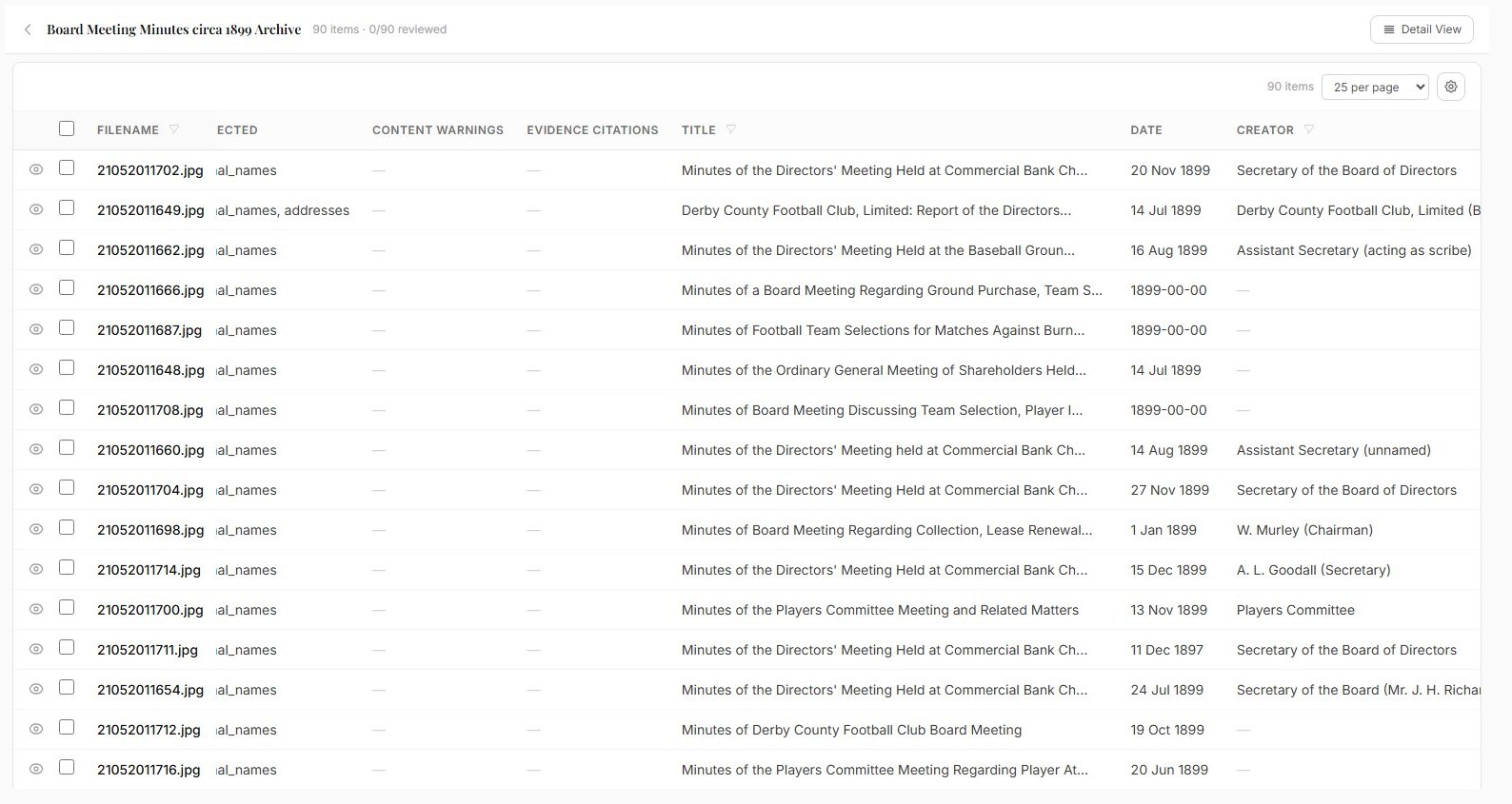 An Archivers.ai accession of 90 scanned documents, headed 90 items and 0 of 90 reviewed, in a sortable table with columns for personal data detected, content warnings, evidence citations, title, date and creator