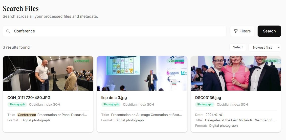 The Archivers.ai search screen with a query for Conference returning three photograph records as thumbnail cards, each showing its file name, item type, accession and drafted title
