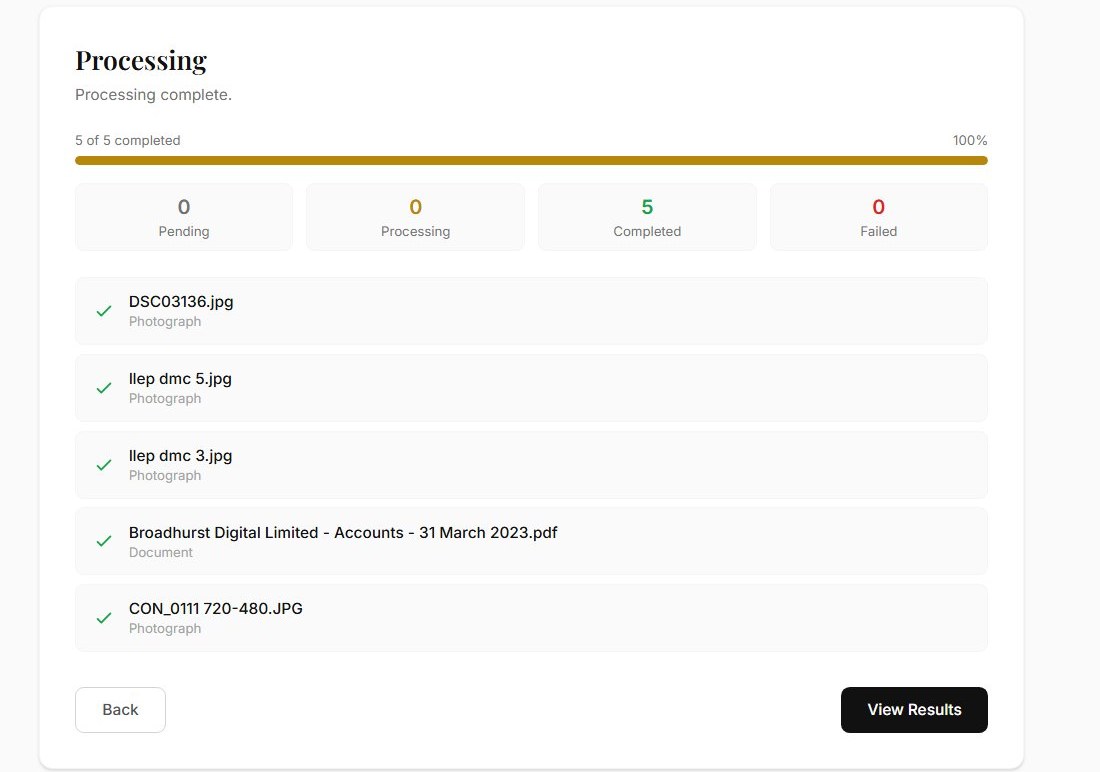 The Archivers.ai processing screen showing five of five files completed, with counters for pending, processing, completed and failed items, and each photograph and document ticked off by name
