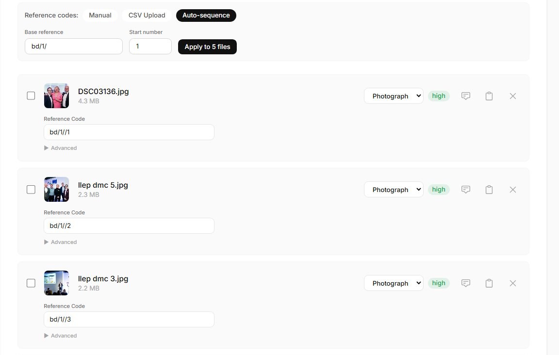 The Archivers.ai reference code panel with Manual, CSV upload and Auto-sequence options, a base reference of bd/1/ applied across five files, and each file showing its own editable reference code