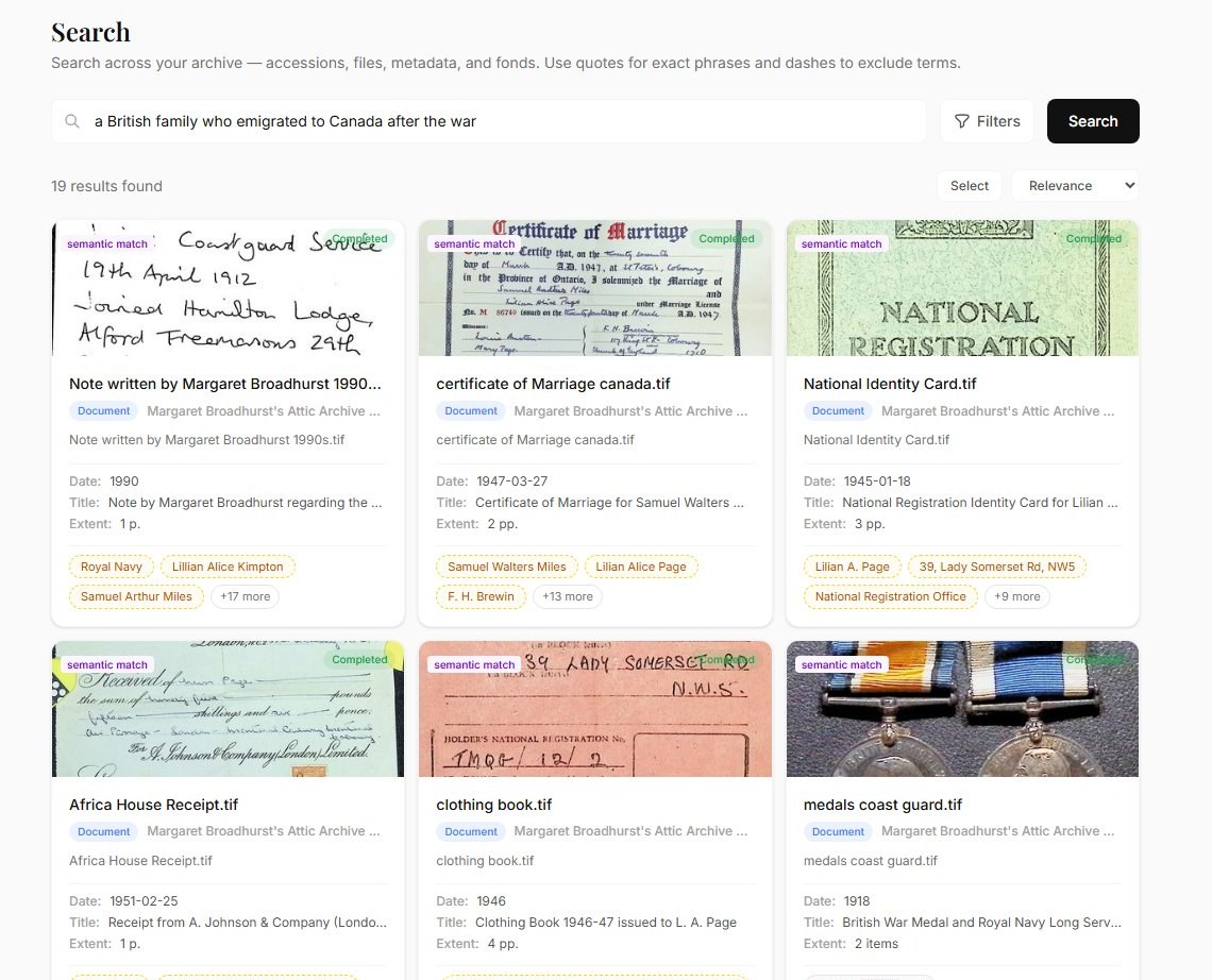 An Archivers.ai search for a British family who emigrated to Canada after the war, returning nineteen results as cards with thumbnails, dates, titles, extents and linked subject and name headings