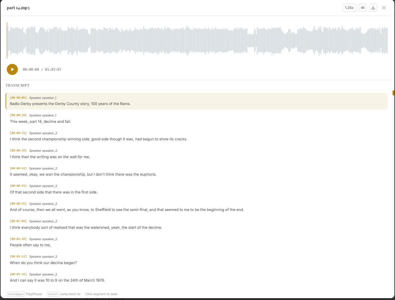 An Archivers.ai audio player showing the waveform of an hour-long recording beside a timestamped transcript, with each line labelled by speaker and clickable to seek the audio