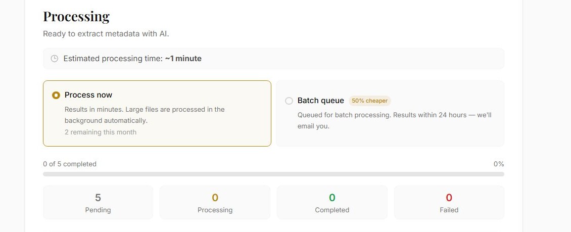 The Processing step in Archivers.ai showing an estimated processing time of about one minute and a choice between processing now and a cheaper overnight batch queue, above counters for pending, processing, completed and failed items