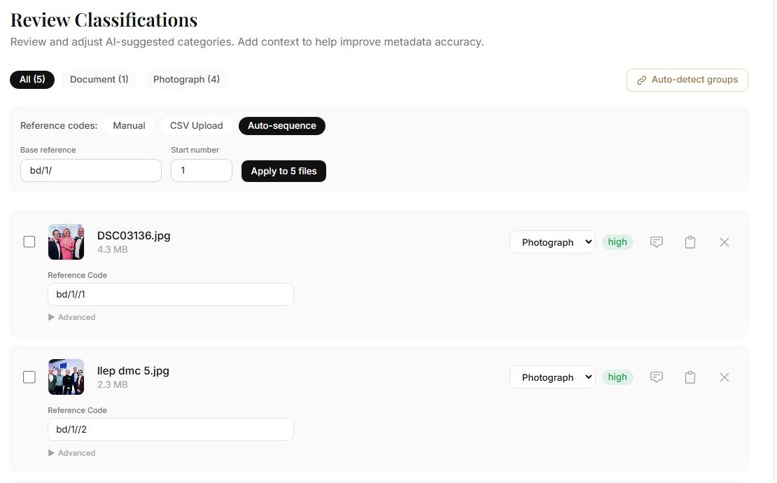 The Review Classifications step in Archivers.ai, where AI-suggested categories are adjusted and reference codes are set manually, uploaded as CSV or auto-sequenced from a base reference across every file in the accession