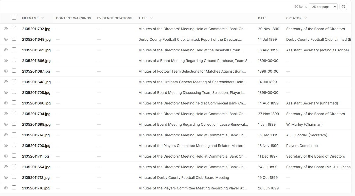 An Archivers.ai accession of ninety board-minute images shown as a sortable table of ninety items, none yet reviewed, with columns for content warnings, evidence citations, AI-drafted title, date and creator