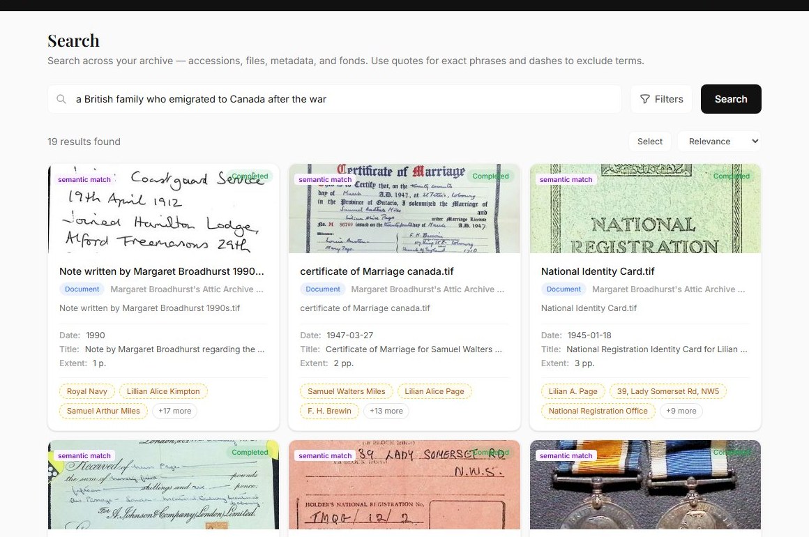 Staff-side search in Archivers.ai for a British family who emigrated to Canada after the war, returning nineteen results as thumbnail cards with dates, titles, extents and subject tags