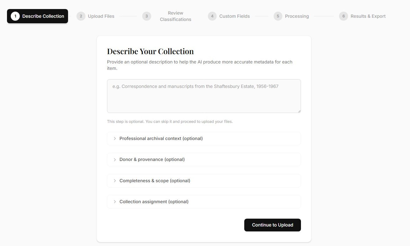 Step one of the Archivers.ai accession wizard, Describe Collection, with a free-text description box and optional panels for archival context, donor and provenance, completeness and scope, and collection assignment